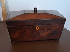 VICTORIAN SARCOPHAGUS SHAPE MAHOGANY TEA CADDY ON BUN FEET 