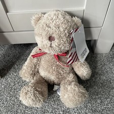 Mamas and & papas Brown Beige Teddy Bear baby Soft Toy Red Ribbon comforter M&P