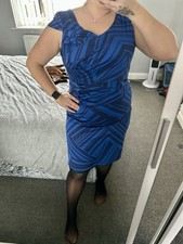 Alexon Blue and Black Ruched Midi Dress Size 14 Excellent Condition