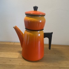 Vintage Aubecq Coffee Pot Enamel Orange Retro Used Stove Top France