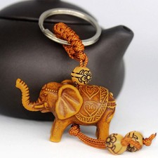 Lucky Elephant Carving Wooden Pendant Keychain Key Chain Ring Evil Defend Gift
