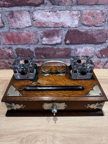 Victorian oak desk inkstand - victorian,