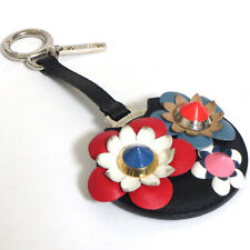 Authentic FENDI Compact Mirror Key Ring Bag Charm Flower Pattern Leather Made It