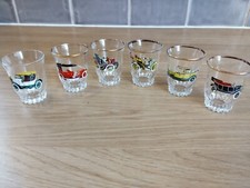 Six Vintage Beautiful Car Decorated Shot Glasses. Vgc.
