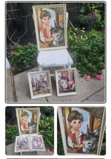 3 x Vintage Dallas Simpson Big Eyed Boy / Girl With Donkey  - Framed Prints