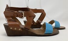 Bertie by Dune Blue Patent & Tan Leather Wedge Sandals UK 5 EU 38 Summer