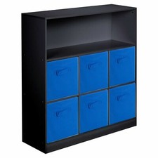 Wooden Black 7 Cubed Cupboard Storage Unit Shelves 6 Dark Blue Drawers Baskets