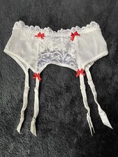 Vintage Retro Pinup White Ivory Lace Red Bows Suspender Belt Burlesque Size S M