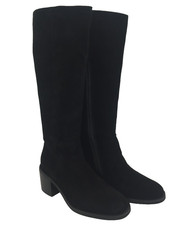 M&S Women's Knee High Boots Size 7 Black Suede Upper Block Stretch Zip New F1