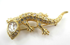 Swarovski Vintage White Crystal Salamander Lizard Brooch Gold Tone w/ Swan Mark