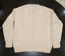 HAND KNIT  V Neck Aran Pattern Cream Sweater Suitable: Cricket Or Winter Warmth