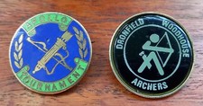 Vintage APOLLO ARCHERY TOURNAMENT Enamel Pin Badge & Dronfield Woodhouse Archers