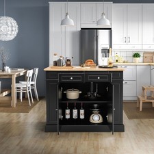 GAINOOM Kitchen Island with Drop Leaf & Rubberwood Countertop Black