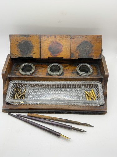 Antique wooden desk inkstand - desk,