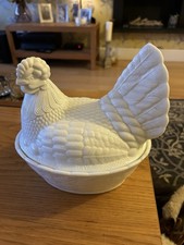 White Milk Glass Hen Chicken On Nest Crock Egg Holder
