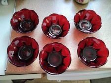 Ruby Red Glass Dessert Fruit Bowl Snack Dish Dip Ice Cream SET of 6 Scallop