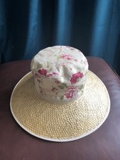 New Ladies Floral Cotton And Straw Ladies Wide Brim Packable Summer Hat - Medium