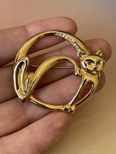Vintage Wrap Trap Gold Tone Rhinestone Cat Circle Brooch 47.2x43mm