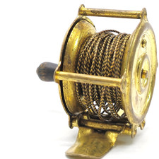 Vintage Primative Unbranded Brass Fishing Reel W/ Foot & Line.