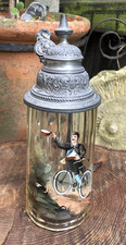 Antique Edwardian German enamelled glass stein bicycle cyclist bike 8.5" tankard