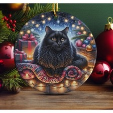 Black Cat Christmas Ornament, Ceramic Double-Sided Print Decoration & Gift Bag