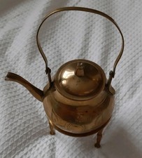 Small Ornamental Brass Kettle With Lid On Stand.