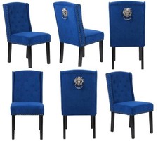 6 X Blue Velvet Dining Chairs 12 Button Detail, Stud Detail Lion head knocker,