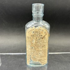 Antique Medicine Bottle BENZINE Browns Original Label Light Blue Glass