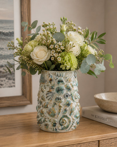 Ceramic coastal shell vase - ceramic,