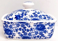 Delft Blue Butter Dish Bone China Flowers Floral Container Hand Decorated UK