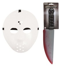 Hockey Goalie Mask & Blood Knife Costume Set Halloween Friday Night Scary Party