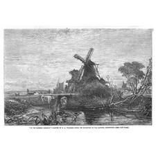 Morning in the Marshes by GA Williams, Windmill Whittlesey Mere - Old Print 1856
