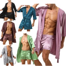 Men Satin Silky Kimono Gown Bathrobe Sleepwear Short Sleeve Night Robe Nightwear