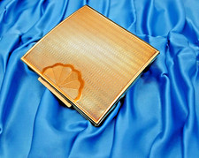 Vintage Zenette Art Deco? Square Powder Compact Gold-Tone Engine Turned Metal