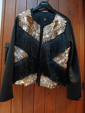 Biba Black Deco Tassel Fringe Evening Party Jacket Gold Statement Size 14 WOW