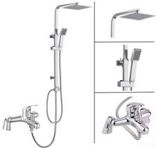 Shower Kit Twin Head Chrome Square Fixed Head Riser Rail With Bath Mixer Tap Set