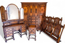 Antique Jacobean Style Carved Oak Bedroom Suite, Wardrobe, Dressing Table, Bed