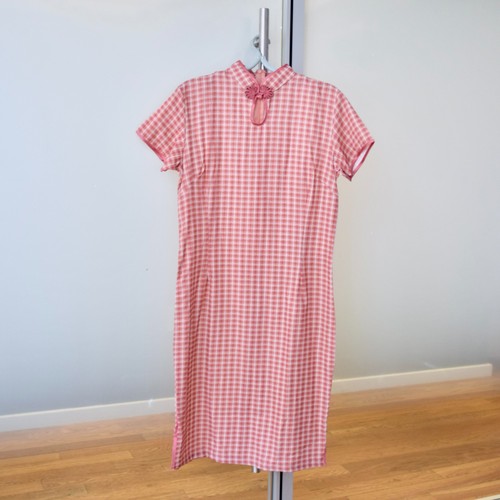 Pink white plaid qipao - white, dress