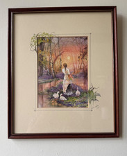 Vintage Framed water colour print ducks and girl by river by Glenda Rae