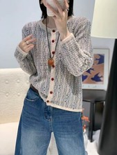 Women Merino Wool Stripe Cardigan O-Neck Knit Cashmere Sweater Top