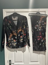 Ted Baker Size 8 Pyjamas PJs  Trousers Long Sleeve Shirt Set Black Bird Floral