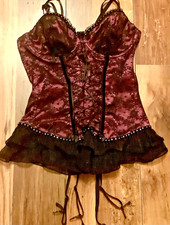 WINE RED satin & BLACK LACE BASQUE with DIAMANTÉ style Trim & Ruffle hem 34D app