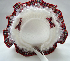 Hand Knitted Baby Bonnet Trimmed With tartan ribbon Lace - NB - 24Mths