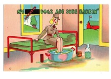 Military Comic. Female Soldier soaking Feet. USA.