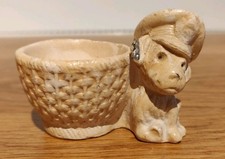 Vintage Chalkware Egg Cup Cute Puppy Dog In A Cap Next To A Basket