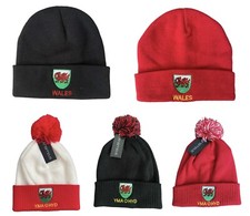 Wales Football Welsh Rugby Knitted Bobble Beanie Hats Embroidered Badge Logo