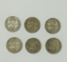 A Selection Of 3 Pence Silver Coins 1x1914 1x1916 1x1917 1x1918 1x1919 1x1920