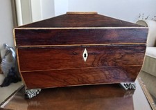 Large Antique Regency Rosewood Sarcophagus Tea Caddy with Brass Feet & Handles,