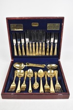 Vintage Viners Cutlery Set x44 Pieces Gold Plated Traditional Bead In Canteen