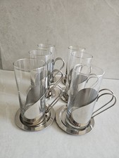 Six Latte  Glass And Metal Cups With Coasters